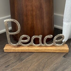 Polished Textured Silvertone Metal Script Peace  on wood base,tabletop decor